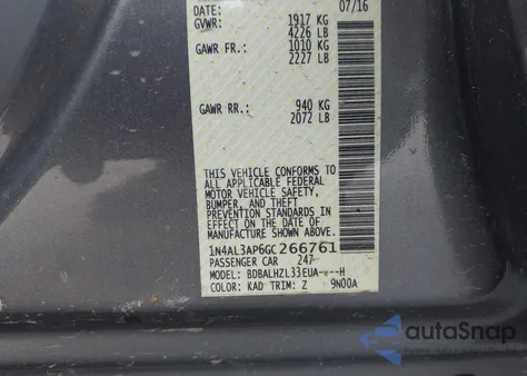 2016 Nissan Altima 2.5 Sr z USA, uszkodzony, nr VIN 1N4AL3AP6GC266761